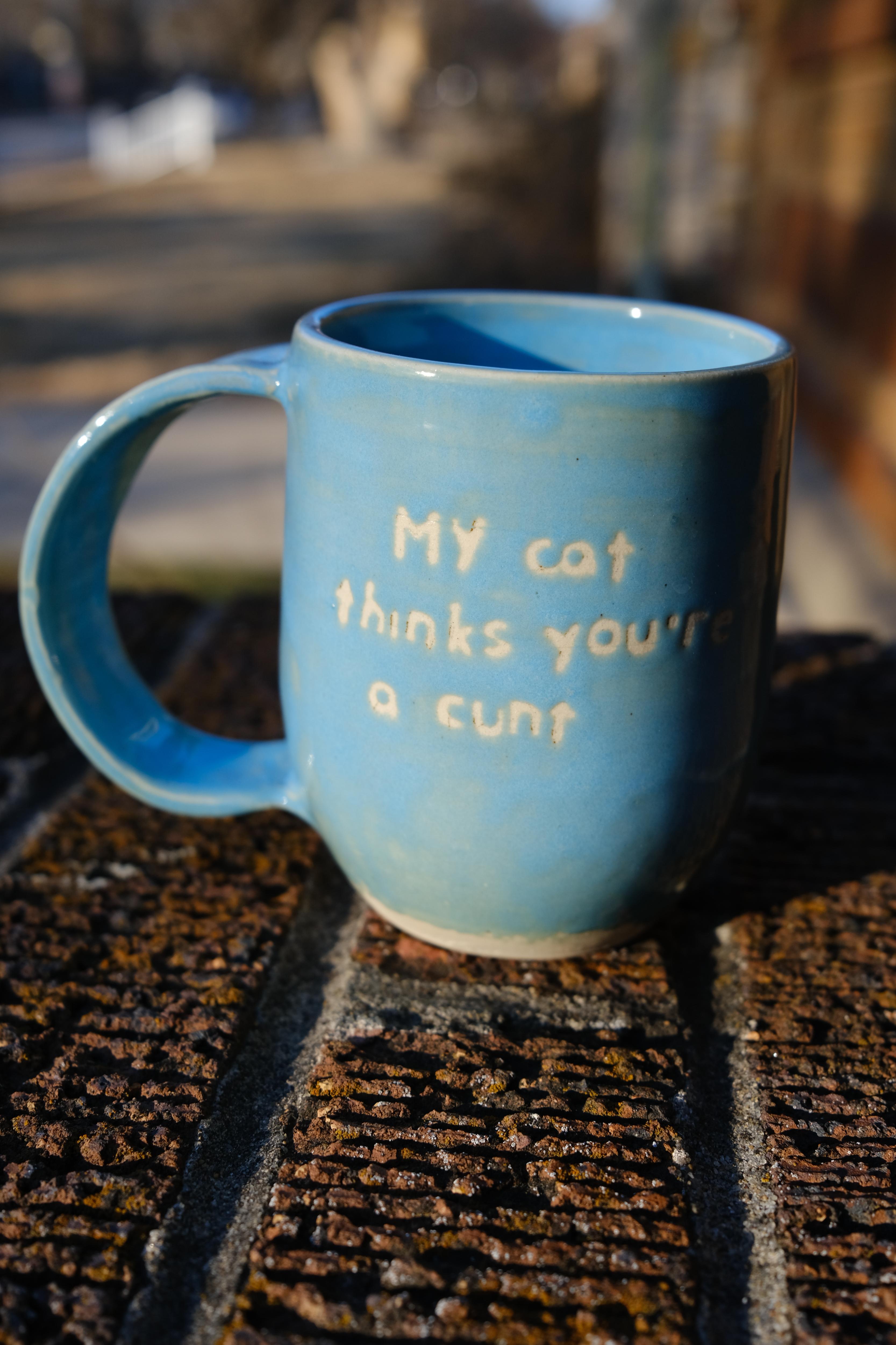 *MADE TO ORDER* - 12 oz Blue "My Cat Thinks You’re a..."  Ceramic Mug