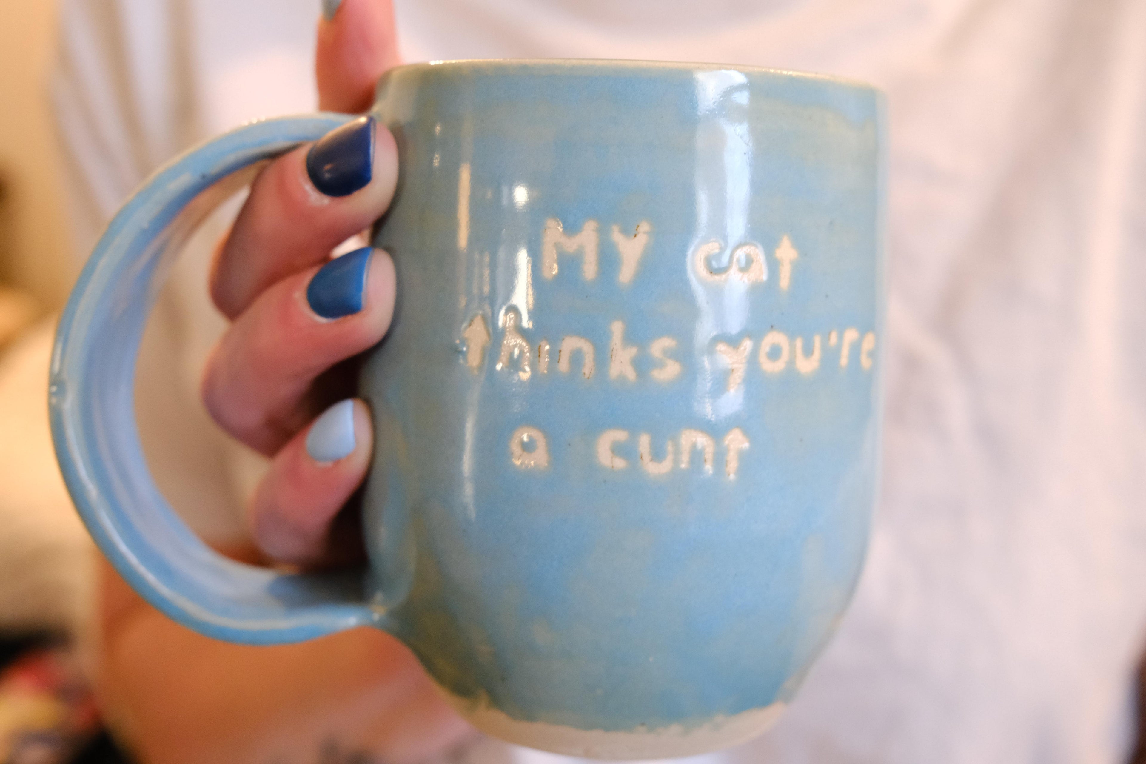 *MADE TO ORDER* - 12 oz Blue "My Cat Thinks You’re a..."  Ceramic Mug